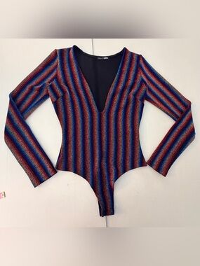 Fashion Nova Metallic Disco Multicolor Striped Deep V Long Sleeve Bodysuit Small